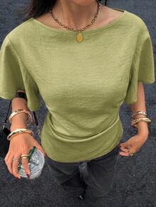 Siren Gaze Women's Textured Solid Color Casual Cinched Waist Pleated Short Sleeve Shirt - Mustard Yellow - View 4