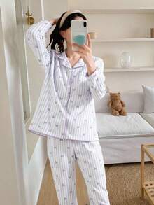 SHEIN 2件套少女杏色蝴蝶结印花长袖开衫和长裤，休闲舒适家居服 - 彩色 - 查看 3