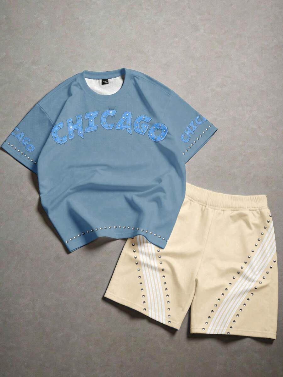SHEIN Conjunto de camiseta de cuello redondo con strass simple y pantalones cortos casuales a rayas para bebé niño, adecuado para el verano - Multicolor - Ver 1