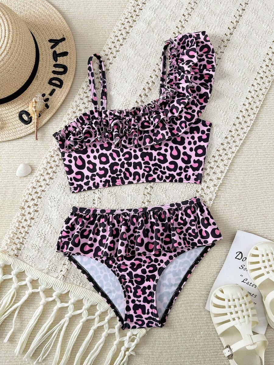 Young Girls Bikini Sets Leopard Print Multicolor Pattern Cute Ruffle Asymmetrical Shoulder Adjustable Strap Ruffle Trim Triangle Bikini Two Pieces Swimsuit Set - Pink - View 1