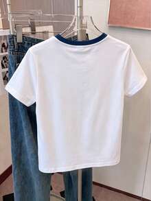 青少年女孩休閒圖案短袖寬鬆落肩T恤，適合夏季 - 彩色 - 查看 2