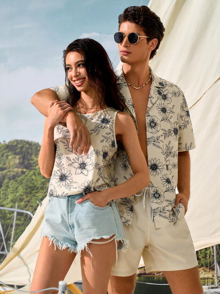 Manfinity VDAYZ Men's Floral Print Short Sleeve Shirt And Drawstring Shorts Beach Set Couple Matching Swimwear Matching Swimwear For Couples Couple Beach Holiday Vaca - Multicolor - View 1