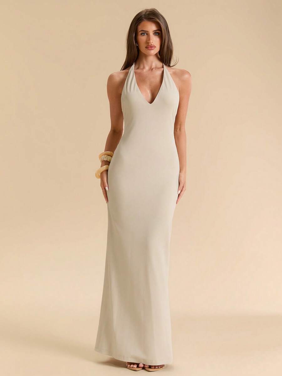 SHEIN BAE Spring/Summer Light Grey Halter Neck Deep V-Neck Backless Fitted Bodycon Maxi Evening Vacation Dress, Sexy Elegant Wedding Party Date Long Dress - Apricot - View 1