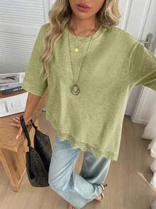 SHEIN LUNE Women's Casual Solid Color Ribbed Asymmetrical Hem Lace Patchwork Spring/Summer Daily Basic Outing T-Shirt Brunch Sage Green - Green - View 6