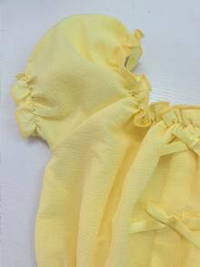 Genkimix Kids Young Girls Solid Color Ruffle Bow Decor Short Sleeve Top And Denim Shorts 2-Piece Set - Yellow - View 5