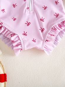 SHEIN Newborn Baby Bow Print Raglan Long Sleeve Zipper Front Casual One-Piece Swimsuit - Pink - View 5