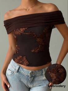 Aloruh Women's Slim Fit Fashionable Sexy Pleated Off-Shoulder Jacquard Top Night Out Brown Floral Summer - Coffee Brown - View 1