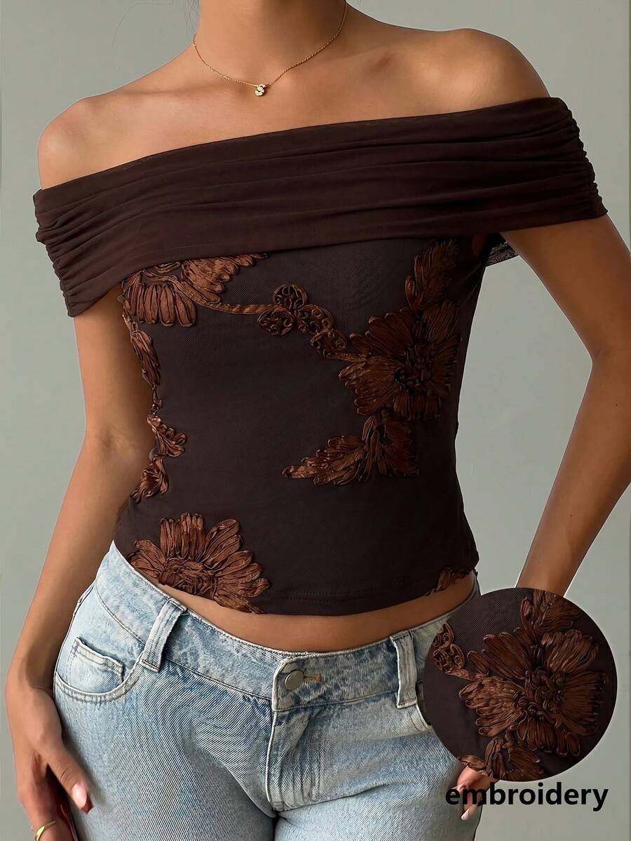 Aloruh Women's Slim Fit Fashionable Sexy Pleated Off-Shoulder Jacquard Top Night Out Brown Floral Summer - Coffee Brown - View 1