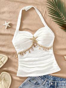 Sparklyn Teen Girl White Spaghetti Strap Camisole,Elegant Summer Beach Holiday 3D Wavy Fabric Top With Golden Starfish And Hollow Lace Trim - White - View 1