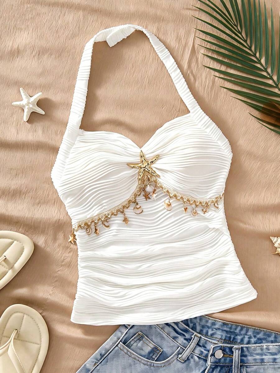 Sparklyn Teen Girl White Spaghetti Strap Camisole,Elegant Summer Beach Holiday 3D Wavy Fabric Top With Golden Starfish And Hollow Lace Trim - White - View 1