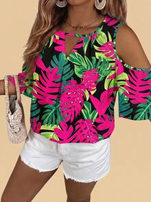 EMERY ROSE Camisa estampada de talla grande con estampado floral tropical casual y minimalista en toda la prenda - Multicolor - Ver 1