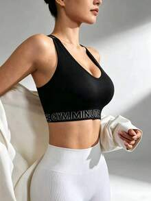 SHEIN 1件式女款字母印花透氣舒適運動內衣，健身上衣，女款健身服，女款健身套裝，健身服，女款運動裝 - 黑色 - 查看 3