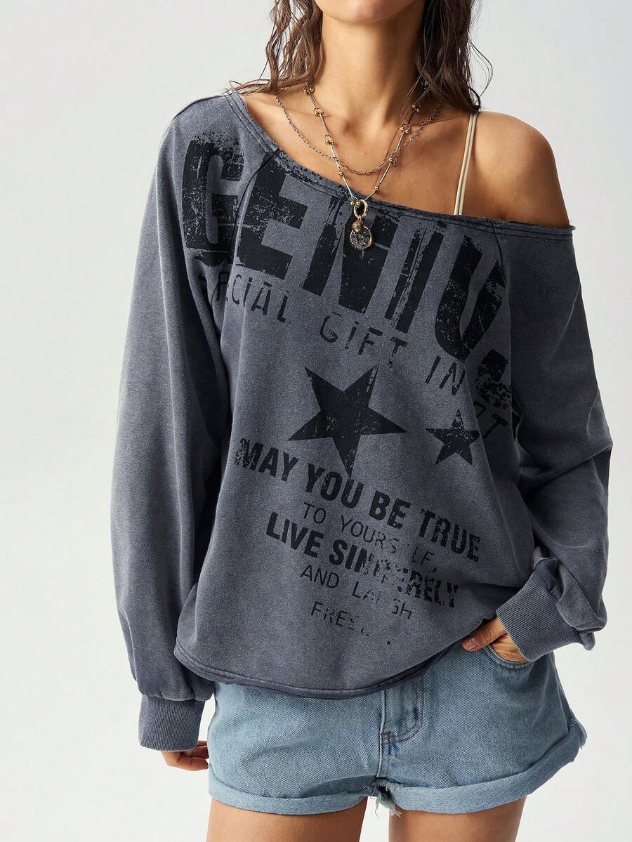 Bohemela Casual Solid Color Knit Asymmetric Shoulder Long Sleeve Loose Washed Women's Sweatshirt - Grey - View 1