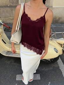 Elegant Women's Summer Camisole In Solid Color With Lace Patchwork And Side Slit - Apricot - View 7