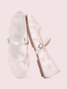 CUCCOO DOLLMOD Women's Shoes, Cute Round Toe Pink, Flower Butterfly Sequin Embroidered Mesh Upper, Metal Buckle Strap Flats, Mary Jane - Sequined Butterfly - Pink - View 2
