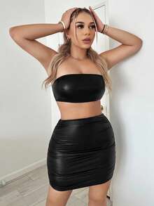 SHEIN SXY Summer Solid Ruched PU Leather Bodycon Skirt - Black - View 7