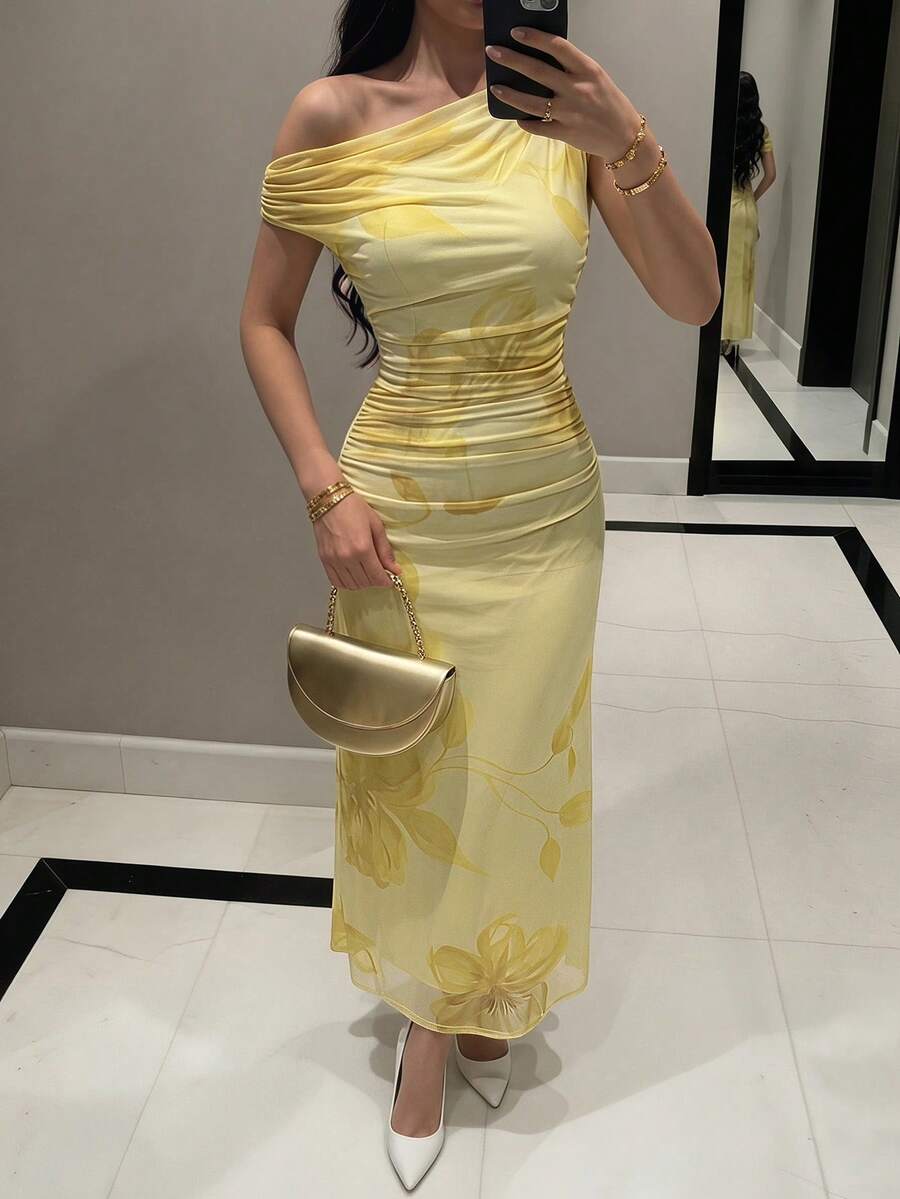 Modelyn 女款夏季優雅不對稱領口收腰洋裝