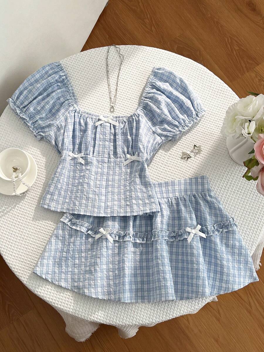 SHEIN Unity 女款夏季2件套：甜美極簡性感可愛風泡泡袖上衣 & 蝴蝶結荷葉邊迷你A字裙 - 藍色 - 查看 1