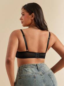 SHEIN BAE CURVE 大码女士纯色镂空钢圈薄杯舒适文胸内衣 - 黑色 - 查看 2