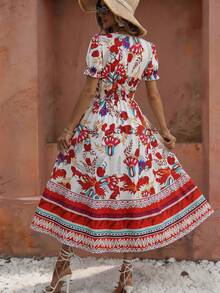 Flora Isola Flora Isola Vacation Bohemian Boho Large Floral White Floral Women's Dress Summer - Red - View 2