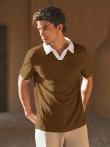 HIMLAND Men's Woven Fashion Casual Young Loose Short Sleeve POLO Shirt - Brown - View 6