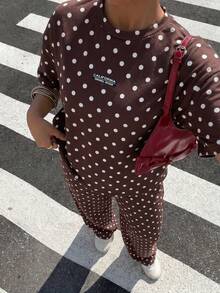 Muchica 2pcs/Set Plus Size Women Chocolate Brown Polka Dot Round Neck T-Shirt And Pants - Chocolate Brown - View 2