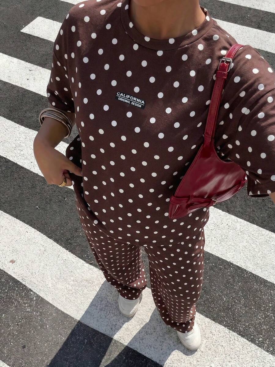 Muchica 2pcs/Set Plus Size Women Chocolate Brown Polka Dot Round Neck T-Shirt And Pants