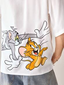 Strevion TOM & JERRY 男士休闲汤姆和杰瑞印花短袖衬衫 - 白色 - 查看 3
