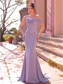 Aureia 优雅、浪漫、时尚、高贵的紫色缎面蕾丝拼接3D立体花卉装饰抹胸上衣，鱼骨形鱼尾下摆，适合正式派对、婚礼宾客、单身派对、晚宴等场合。 - 紫色 - 查看 5