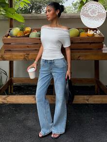 Muchica Kaos Rajut Bergaris Model Off Shoulder dengan Detail Kerut untuk Wanita, Koleksi Musim Semi/Panas - Putih - View 3