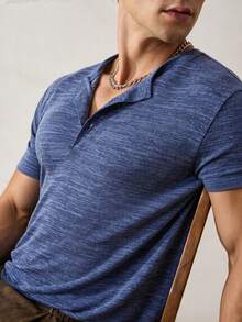 Manfinity Dauomo Men's Fashionable Versatile Button-Up Half Placket Short Sleeve T-Shirt - Blue - View 4