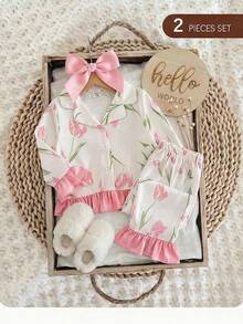 Set Pakaian Santai Bayi Perempuan Kasual Lucu Rajut Motif Bunga Warna Blok Lengan Panjang Atasan dan Celana - Baby Pink - View 5
