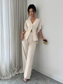 Selianne Summer French Elegant Exquisite V-Neck Casual Commute Chiffon Ruffle Sleeve Exaggerated Metal Button Decor Jacket And Long Pants 2pcs Set Office White - Apricot - View 5