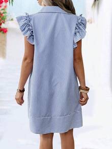 EMERY ROSE Plus Size Fashion Spring/Summer Casual Striped Front Button Cap Sleeve Dress - Blue - View 2