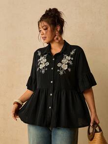 Travachic Women's Single-Breasted Floral Print Ruffle Sleeve High Waist Plus Size Casual Shirt - Black - View 4