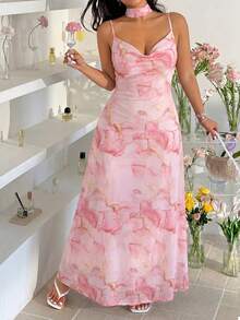 GalTyme Plus Size Women's Vacation Marble Print Ruffle Neck Elegant Draped Neck Dress Evening Tea Party Light Pink Summer - Multicolor - View 3