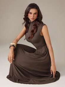 SHEIN Tall Women's Dark Brown Turtleneck Long Knit Dress, Tall Women Work Summer Elegant - Brown - View 7