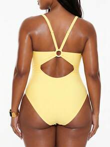Oceva 2026 Spring/Summer New Plus Size One-Piece Solid Color Ruched Women's Swimsuit - Yellow - View 2