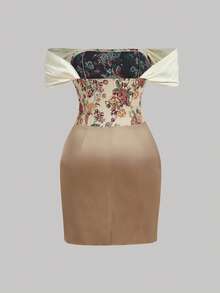 SHEIN MOD Plus Size Deep Champagne Color Patchwork Jacquard Strapless Bodycon Dress, Spring/Summer Vacation Dress, Holiday Party Outfit, Early Autumn Outfit, Gathering, Birthday Party, Vintage Court Style, Luxurious Romantic - Multicolor - View 2