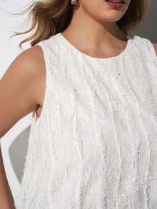 Maija Plus Size Women's White Textured Crochet Lace Fabric Fitted Round Neck Sleeveless Tank Top, Elegant Cruise Wear, Wedding Guest Brunch Formal Attire - Beige - View 5