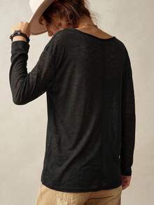 Bohemela Casual Plain Vacation Solid Color Knit Women's T-Shirt Everyday Black Autumn Everyday Travel - Black - View 6