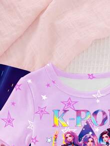[2 Sets Random] 2pcs Tween Girls Short Sleeve & Shorts Snug Fit Pajamas Multicolor Cute Pop Girl Graphic Print Summer Soft High Stretch Knit - Multicolor - View 2