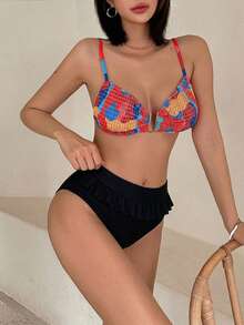 Livesso Quần bơi nữ màu trơn xếp bèo cho kỳ nghỉ bãi biển - màu đen - Xem 3