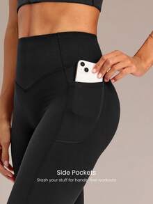 GLOWMODE 24" FeatherFit™-Sculpt Glow Lift Butt Scrunch Tummy Control Leggings With Side Pockets Medium Impact Training Running Workout Gym Fitness Wear - Black - View 6