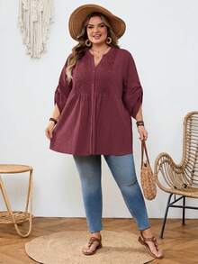 SHEIN CURVE+ 大尺碼 US22 音樂節海邊度假波西米亞休閒純色蕾絲拼接前扣寬鬆襯衫 - 酒紅色 - 查看 5