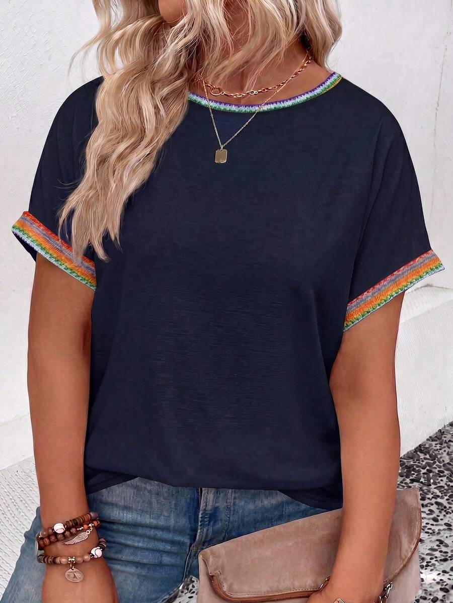 EMERY ROSE Fashionable New Vintage Casual Basic Crew Neck Rolled Cuff Navy Blue Contrast Color T-Shirt - Multicolor - View 1