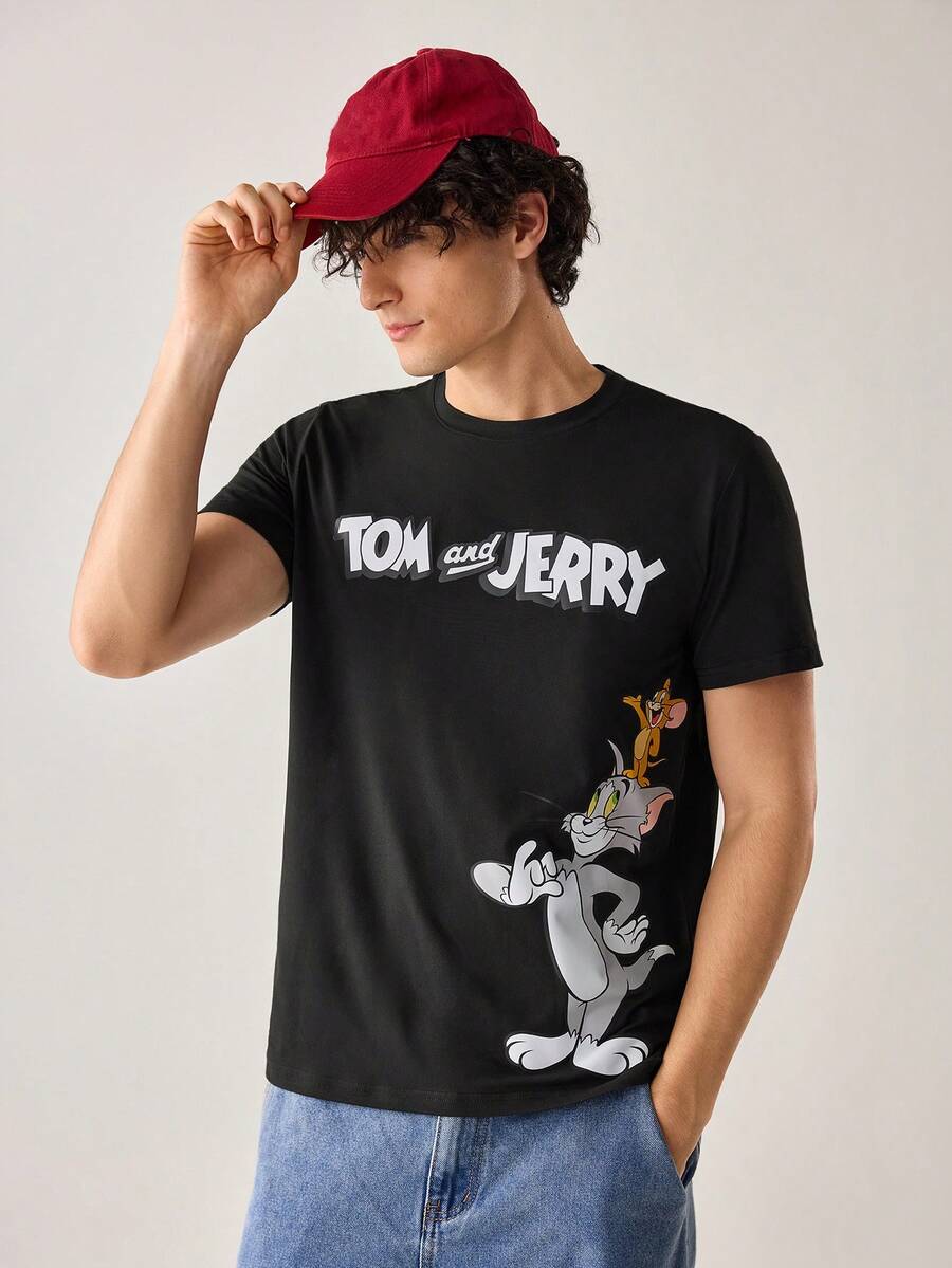 Strevion TOM & JERRY 男士简约绅士 Jerry & Tom 印花圆领短袖T恤,夏季款 - 黑色 - 查看 1