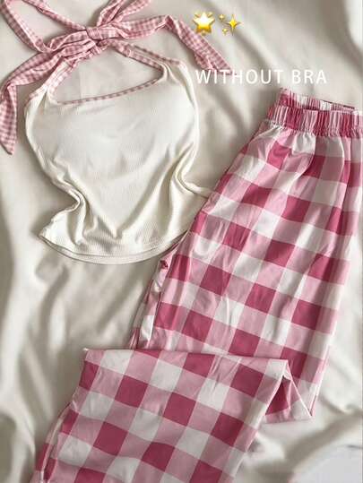 Resyla Women's Sweet Halter Neck Tie Camisole And Plaid Casual Pants 2 Pieces Set