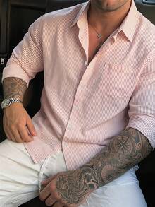DAZY Spring/Summer Pink Striped Loose Fit Plus Size Men's Shirt - Pink - View 1