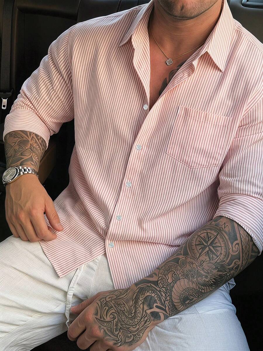 DAZY Spring/Summer Pink Striped Loose Fit Plus Size Men's Shirt - Pink - View 1